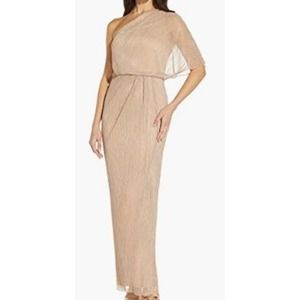 ADRIANNA PAPELL SZ 6 Taupe Mist Metallic Mesh One Shoulder Gown NWT $199 flaw
